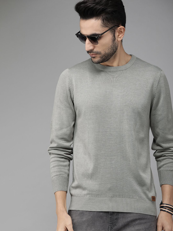 Roadster Solid Round Neck Casual Men Grey Sweater