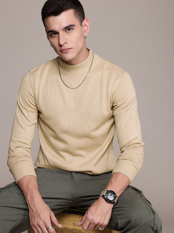 Roadster Solid Turtle Neck Casual Men Beige Sweater