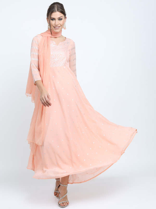 Vishudh Women Printed Flared Kurta(Pink)