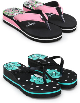 Bizwiz Women Flip Flops(Pink, Green , 6)