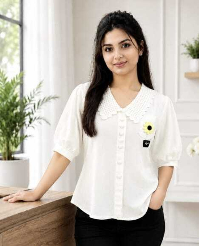 Shafinnaeem Casual Solid, Embellished, Lace Women White Top
