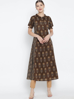 Yash Gallery Women Floral Print A-line Kurta(Brown)