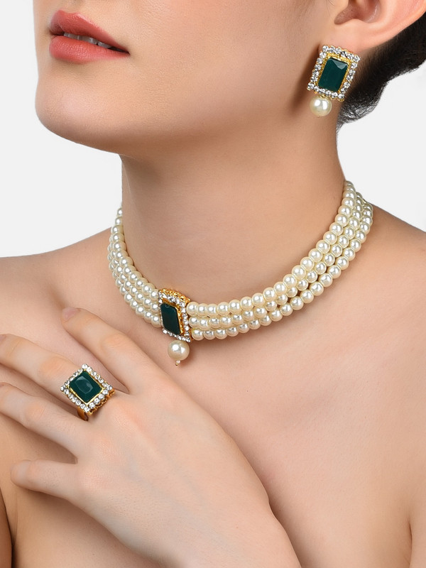 ZAVERI PEARLS Stone Gold-plated Green, White Jewellery Set(Pack of 1)