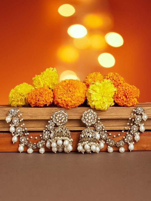ZAVERI PEARLS Zaveri Pearls Antique Gold Tone Bead Stone Ear Chain Jhumka Earring-ZPFK21304 Beads Alloy Jhumki Earring