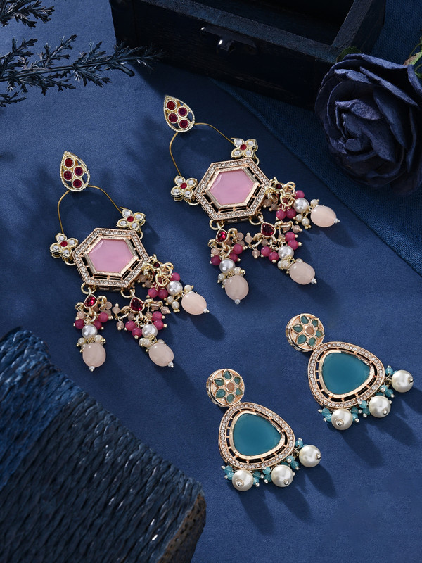 ZAVERI PEARLS Zaveri Pearls Combo of 2 Blue Pink Kundan Diamonds Dangle Drop Earring-ZPFK16871 Beads Alloy Drops & Danglers