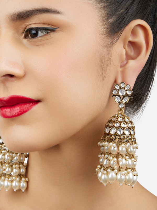 ZAVERI PEARLS Zaveri Pearls Gold Tone Kundan & Cluster Pearl Drop Jhumka Earring -ZPFK16735 Beads Alloy Jhumki Earring